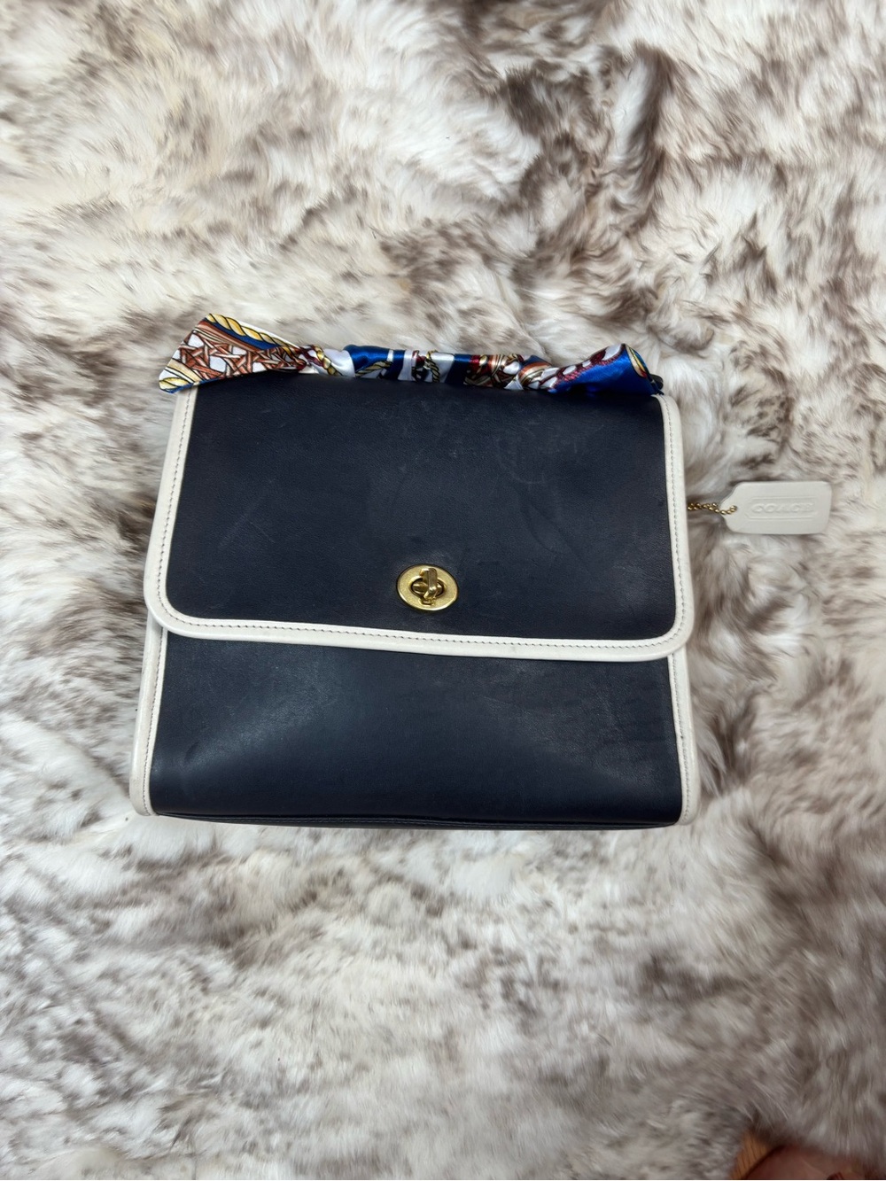 Coach Navy and White Leather Shoulder Bag with Scarf-Wrapped Strap included